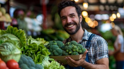 A man smiling while holding a box of broccoli in the produce section, AI - Powered by Adobe
