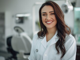 female dentist smiling widely with white perfect teeth in a white coat, against the backdrop of a dental office