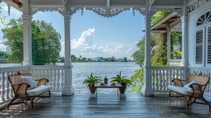 Fototapeta premium Riverside Colonial Porch with Tropical Plants