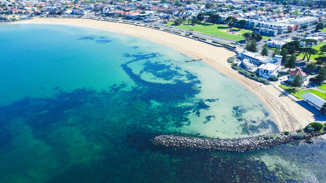 Williamstown beach from above in Melbourne, Australia, wavy sea lines