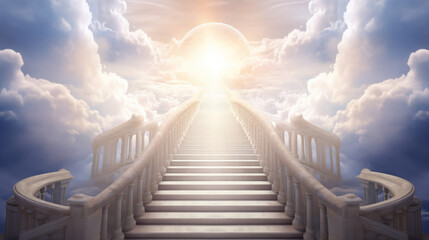 Heavenly Staircase Ascending Through Clouds - obrazy, fototapety, plakaty