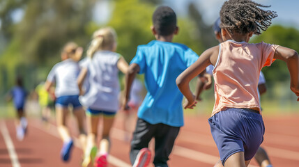 A group of children are running a race on a track. The children are wearing different colored...