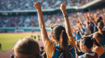A woman is holding her hands up in the air at a stadium. The crowd is cheering and the atmosphere...