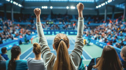 A woman is holding her hands up in the air while watching a tennis match. The crowd is cheering her on