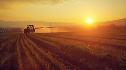 Obraz premium A green tractor is spraying a field. The sun is setting in the background, casting a warm glow over the scene