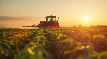 A green tractor is spraying a field. The sun is setting in the background, casting a warm glow over the scene