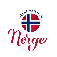Welcome to Norway calligraphy hand lettering in Norwegian. Vector template for typography poster, postcard, banner, flyer, sticker, t-shirt, etc