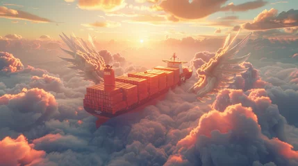 Foto auf Acrylglas close shot of container ship is flying in air with clouds like sea waves  " ai genarated " © Shaji