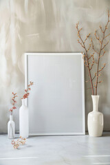 Empty white frame mockup with plants in vase on table. Scandinavian interior design. Vertical orientation.