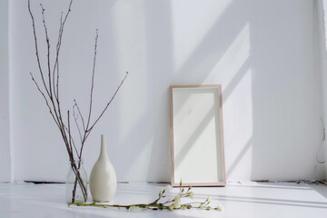 Mock up poster frame, flowers in vase and elegant accessories. Modern home decor. Template. Scandinavian interior design.