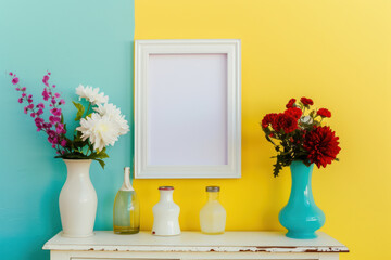 Empty white frame with flowers in vases on a chest of drawers against a green-yellow wall. Template. Interior design of living room.