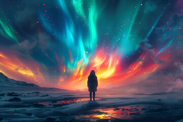 Abstract portrayal of human emotion as colorful auroras emanating from a silhouetted figure standing in a stark, monochromatic landscape - obrazy, fototapety, plakaty