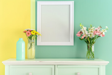Mock up empty white frame with flowers in vases on a chest of drawers against a green-yellow wall. Template. Interior design of living room.