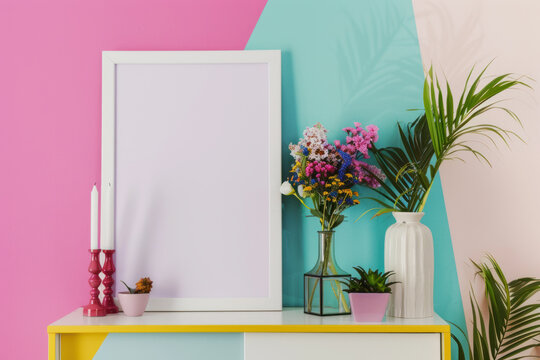 Mock up empty white frame with flowers in vases and candles on a chest of drawers against a pink-green-white wall. Template. Interior design of living room.