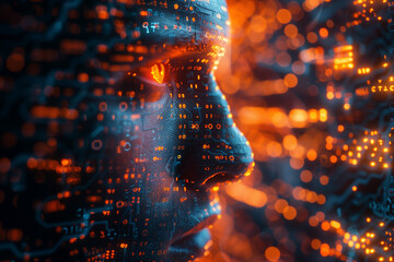 Abstract concept of a digital human face morphing into binary code, set against a circuit board background, representing the fusion of humanity and technology
