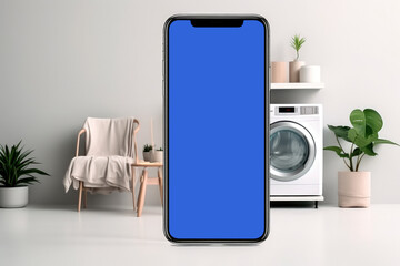 Blank, empty blue screen smartphone foreground with modern washing machine and cozy interior, laundry home in the background. Concept of smart living and device connectivity. Mock up, copy space