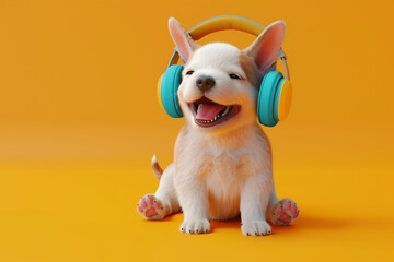 A 3D illustration of a joyous puppy wearing vibrant headphones, symbolizing the enjoyment of music