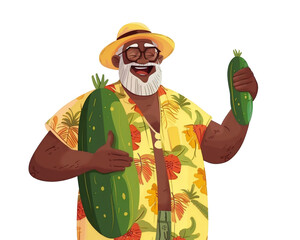 senior farmer man with huge zuccini, showing thumb up.	Illustration for  healty organic food, agriculture and gardening concept, vegetarian diet, bio products, autumn harvest.