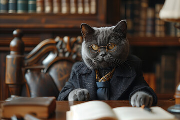 Solid cat with glasses, dressed in classic luxury elegant black suit, sitting at desk in luxury office or meeting room. Cat looks like a businessman, boss, company director, manager, lawyer, professor - obrazy, fototapety, plakaty