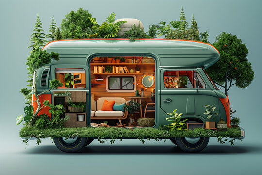 Camper, Vanlife style, poster illustration, 3d, cover
