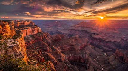 A breathtaking sunset envelops the Grand Canyons layered cliffs in a symphony of rich earthy hues...