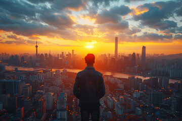 Rear view of young Chinese man standing on the rooftop of a skyscraper overlooking the modern city skyline at sunset, enjoing scenic view  - obrazy, fototapety, plakaty