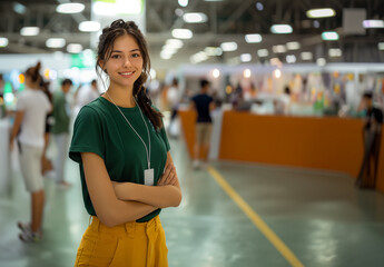 20s hispanic girl, promoter at an event hall, wearing green t-shirt uniform and a badge