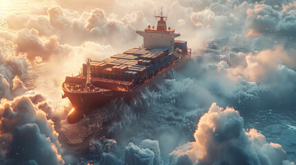 close shot of container ship is flying in air with clouds like sea waves  " ai genarated "