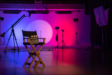 Director's chair in a movie studio set Backstage shot.