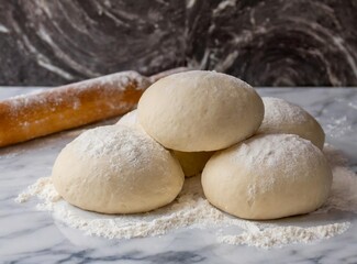 Buns with flour next to rolling pin