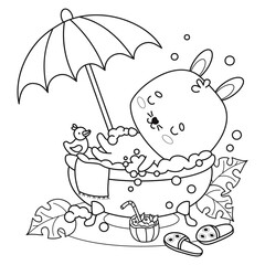 Outline relaxed bunny soaking in bubble bath with rubber duck, under sun umbrella. Whimsical vacation atmosphere in bathroom with animal character. Vector illustration. Line drawing, coloring book.