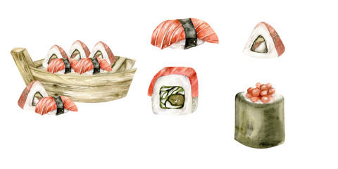 Japanese sushi set with wooden plate composition with sushi, single elements of sashimi with salmon, rolls with caviar, and sushi with red fish. Sea food clip art collection for menu, resturant,market