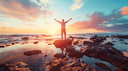 a rocky beach background at sunrise. A woman stands atop rocks facing the sea with arms raised as if enjoying nature's beauty and inspiration. The overall feel should be uplifting and positive.
