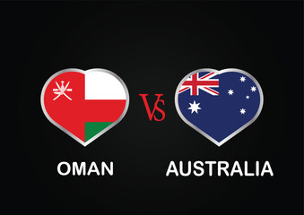 Oman Vs Australia, Cricket Match concept with creative illustration of participant countries flag Batsman and Hearts isolated on black background