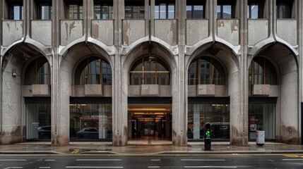 A photo of the facade and arches at street level. The arched entrance is on an oblique angle to frame the busy road below.