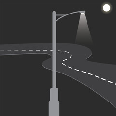 Modern light pole or lamp stands on night sky background. Street light, street lamp silhouette, road icon, lamp post vector. Moonlit night background. Dark night sky with moon. Landscape background.