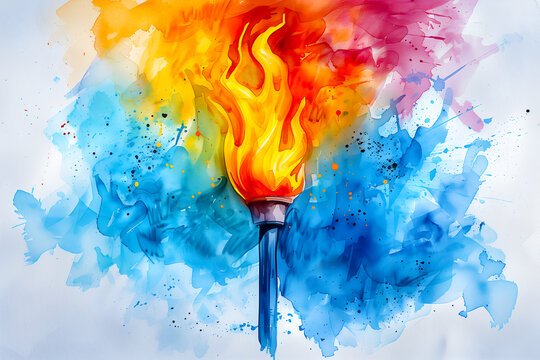 Olympic Games France, Paris. Watercolor drawing of the Olympic torch on a neutral background. Awarding and presentation of medals.