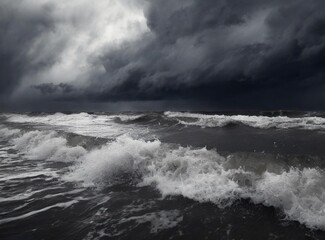 Sea wave and dark clouds on background, dramatic rain sky during storm in Atlantic Ocean.