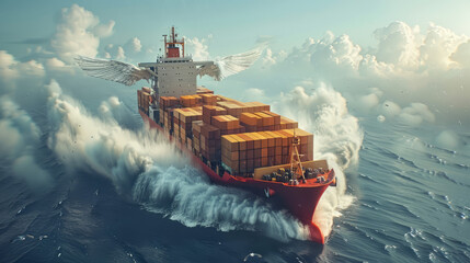 close shot of container ship is flying in air with clouds like sea waves  