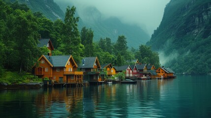 Fototapeta premium houses line the shores of a tranquil fjord in Norway
