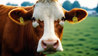 Curious Cow Close-Up with Ear Tag - obrazy, fototapety, plakaty