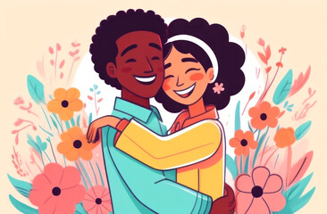 Charming illustration of a couple embracing with joy among vibrant bloom