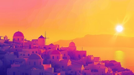 Golden sunlight bathes the iconic Santorini skyline creating a silhouette against a gradient sky infused with vibrant hues of orange and pink - obrazy, fototapety, plakaty