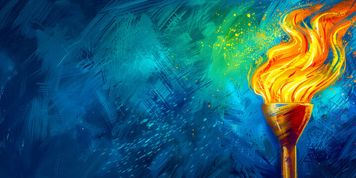 The Olympic Games in 2024 in France, in Paris. Watercolor painting of the Olympic torch on a solid blue background. The scene of the awarding and presentation of medals.