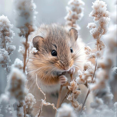 Fototapeta premium Discover this enchanting image of a cute mouse nestled among frosty flora