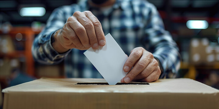 Persona sujetando con ambas manos, un papel blanco previo a depositando su voto en un caj&oacute;n de cart&oacute;n, participaci&oacute;n activa, camisa a cuadros, fondo dep&oacute;sito o almac&eacute;n. Democracia.