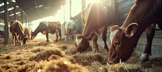 Group of cows at cowshed eating hay or fodder on dairy farm - obrazy, fototapety, plakaty