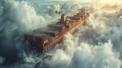 close shot of container ship is flying in air with clouds like sea waves  