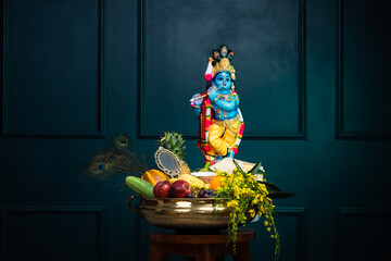 Vishu kani image, Lord krishna with kani arranged in brass uruli, happy Vishu 2024 background
