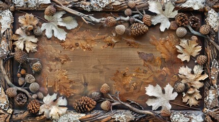 Autumn Leaves and Pine Cones on Wooden Texture Background